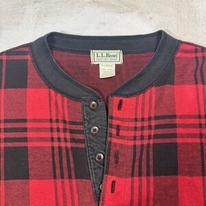 Vintage LL Bean Plaid Henley Shirt Mens XLarge Red Black Cotton Made In USA